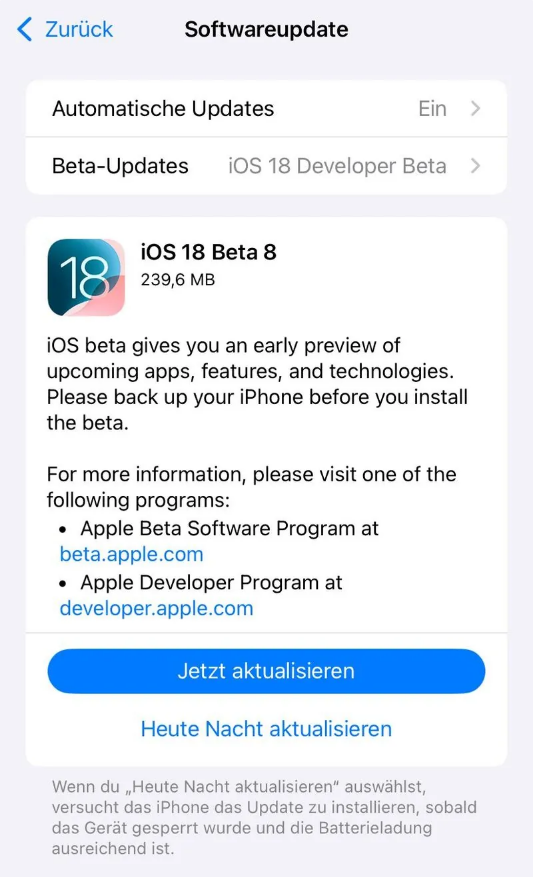 义乌苹果手机维修分享苹果 iOS / iPadOS 18 开发者预览版 Beta 8 发布 